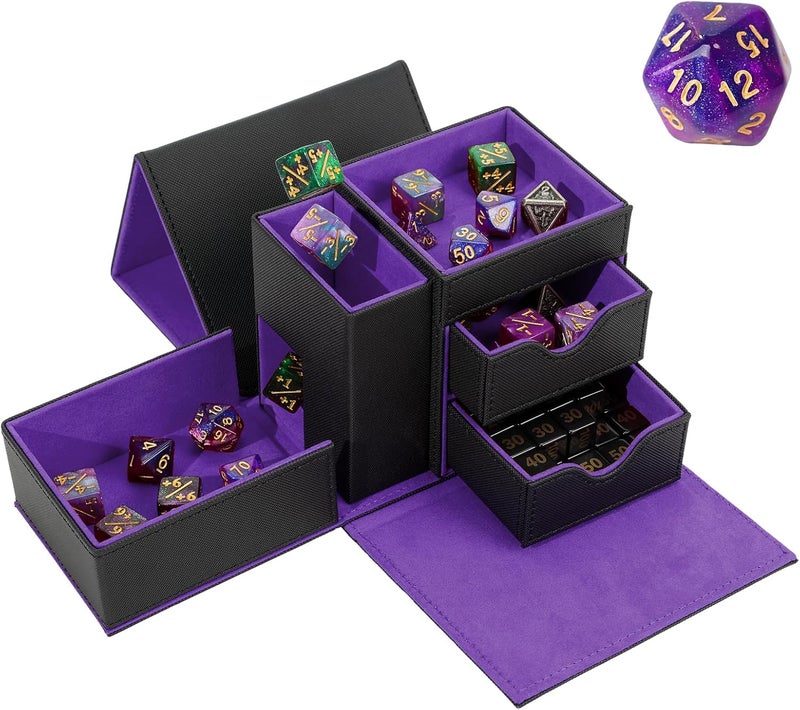 Stepane Leather Dice Tray & Tower Storage Box, 3 in 1 Dice Holder Case (Rolling Tray, Tower, Storage Drawers), Magnetic Closure DND Accessories Gifts for RPG MTG, Black/Violet - Image 1